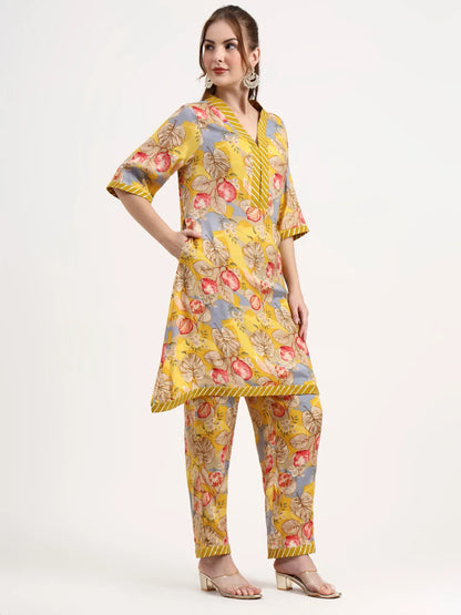 Yellow Lensing Flare Kurta Dupatta Set