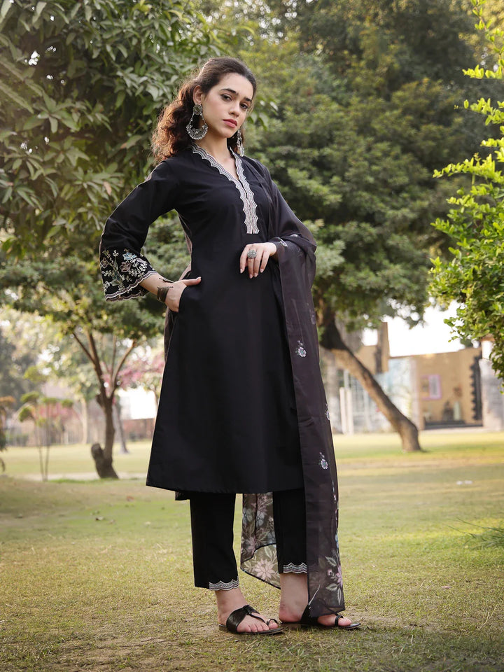 Pure Cotton A-Line Kurta Pants Dupatta Set