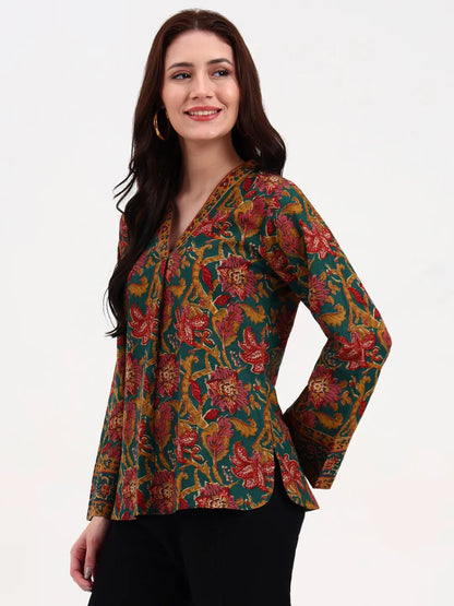 Green And Brown Cotton Straight Top
