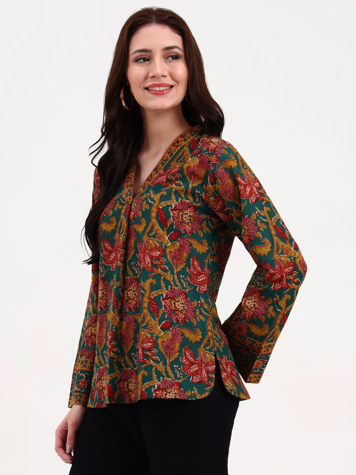 Green And Brown Cotton Straight Top
