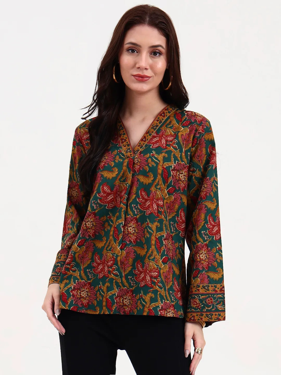 Green And Brown Cotton Straight Top