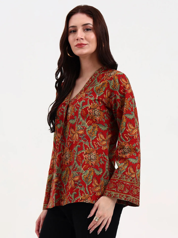 Red And Green Cotton Straight Top