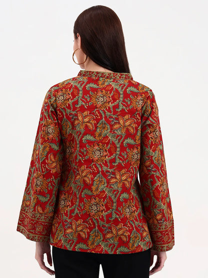 Red And Green Cotton Straight Top