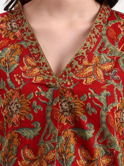 Red And Green Cotton Straight Top