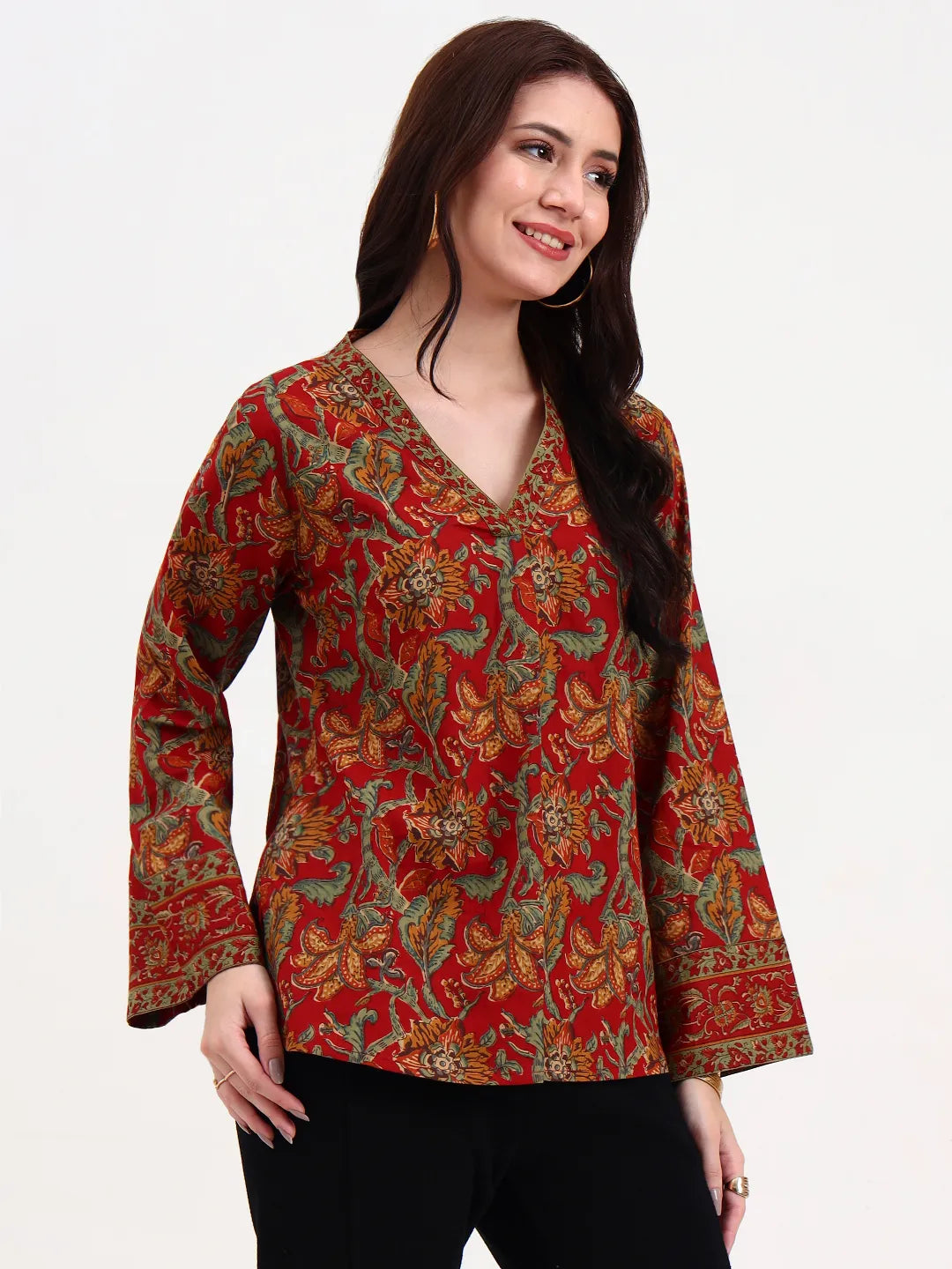 Red And Green Cotton Straight Top