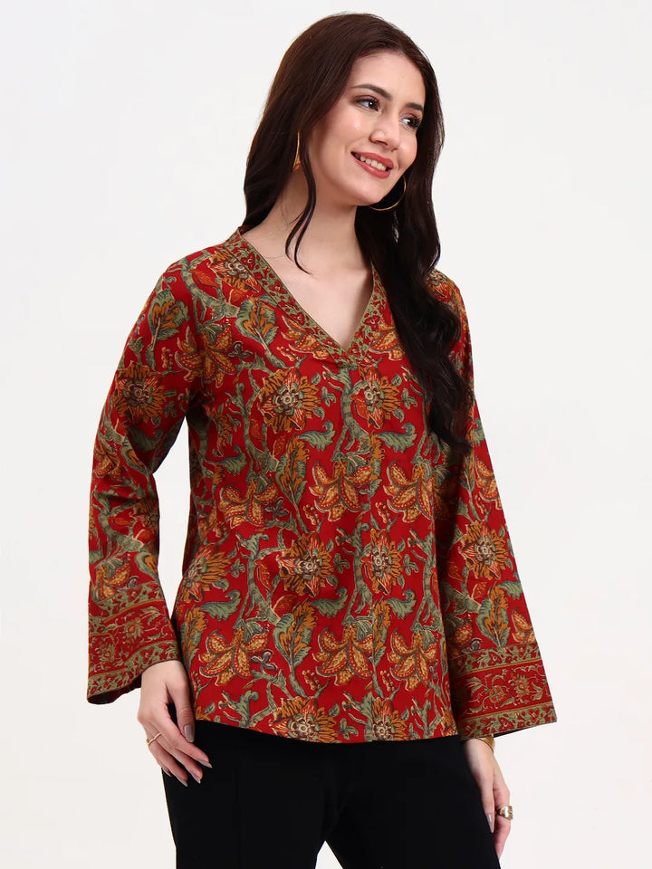 Red And Green Cotton Straight Top