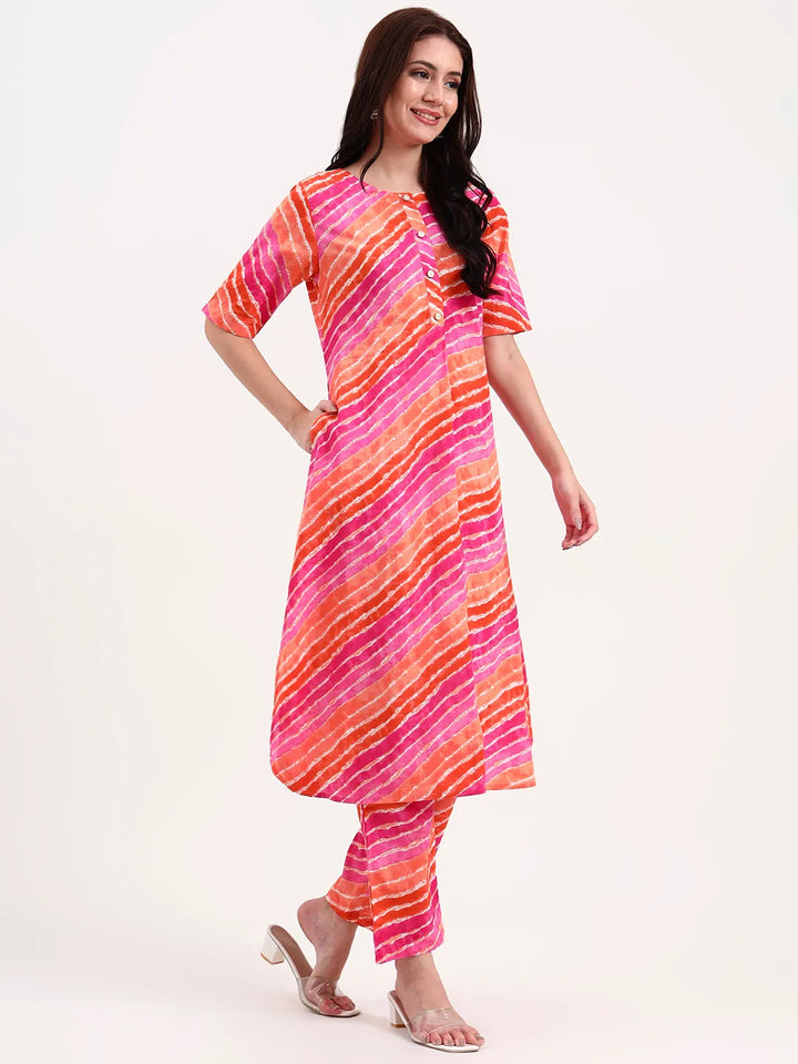 Pink Cotton Leheriya Kurta Pant Set