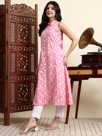 Cotton Pink Sleeveless Kurta