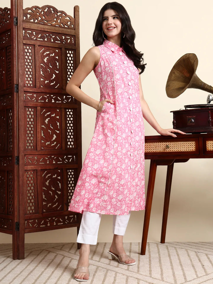 Cotton Pink Sleeveless Kurta