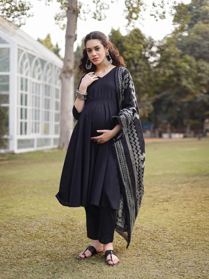 Cotton Black Materinty Kurta Set With Dupatta