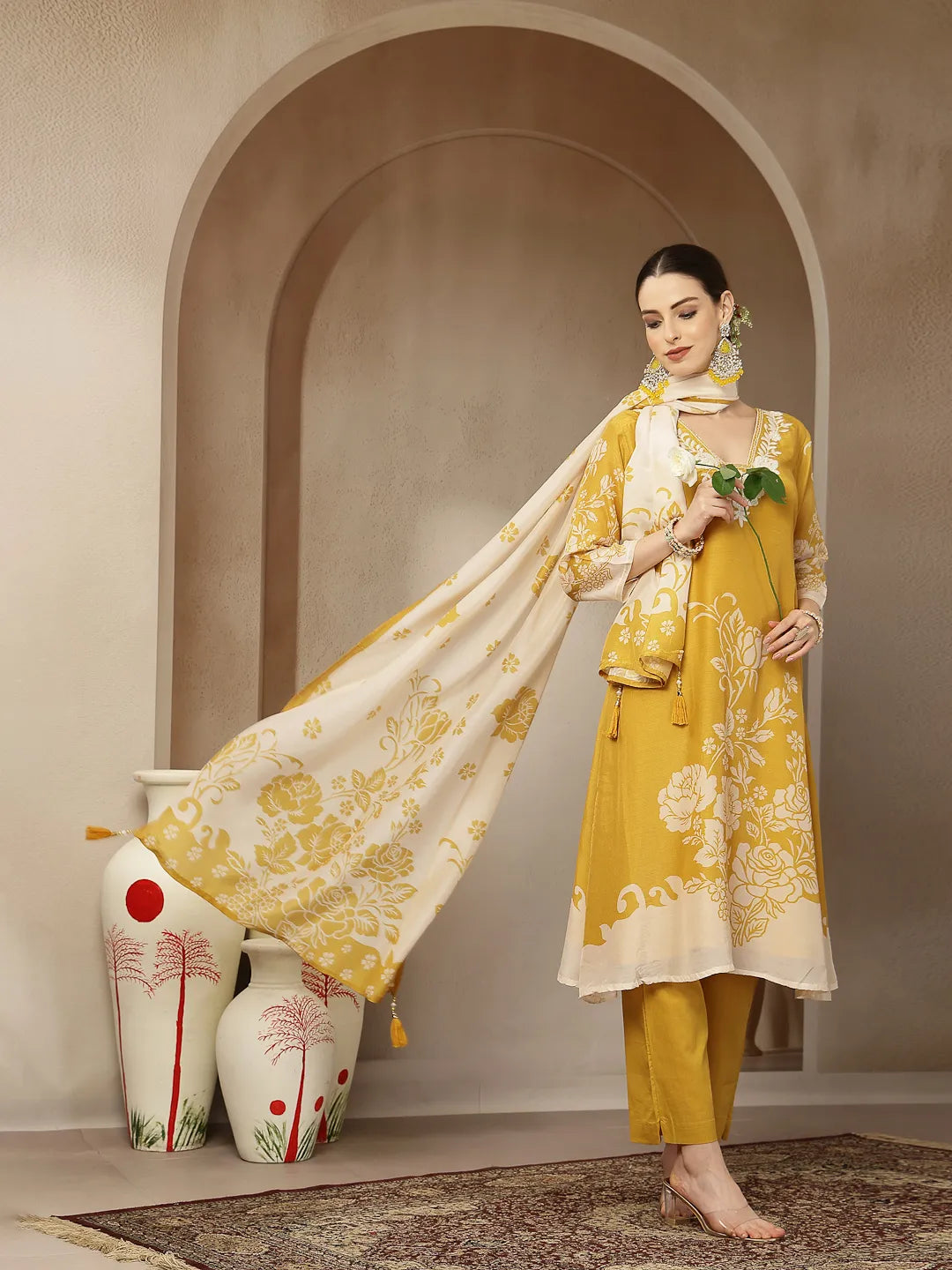 Mul Chanderi Yellow Kurta Dupatta Pant Set
