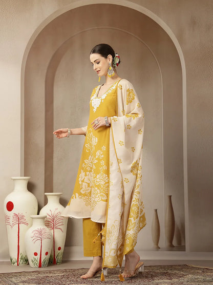 Mul Chanderi Yellow Kurta Dupatta Pant Set
