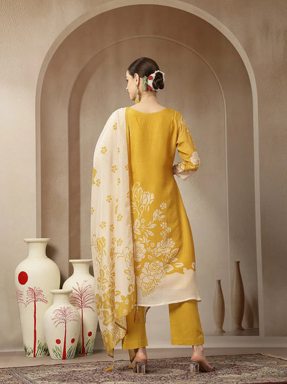 Mul Chanderi Yellow Kurta Dupatta Pant Set