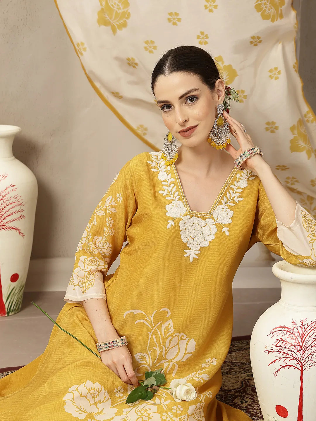 Mul Chanderi Yellow Kurta Dupatta Pant Set