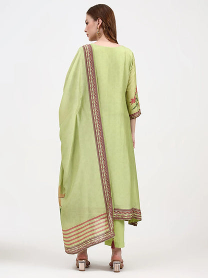 Mul Chanderi Green Kurta Dupatta Pant Set