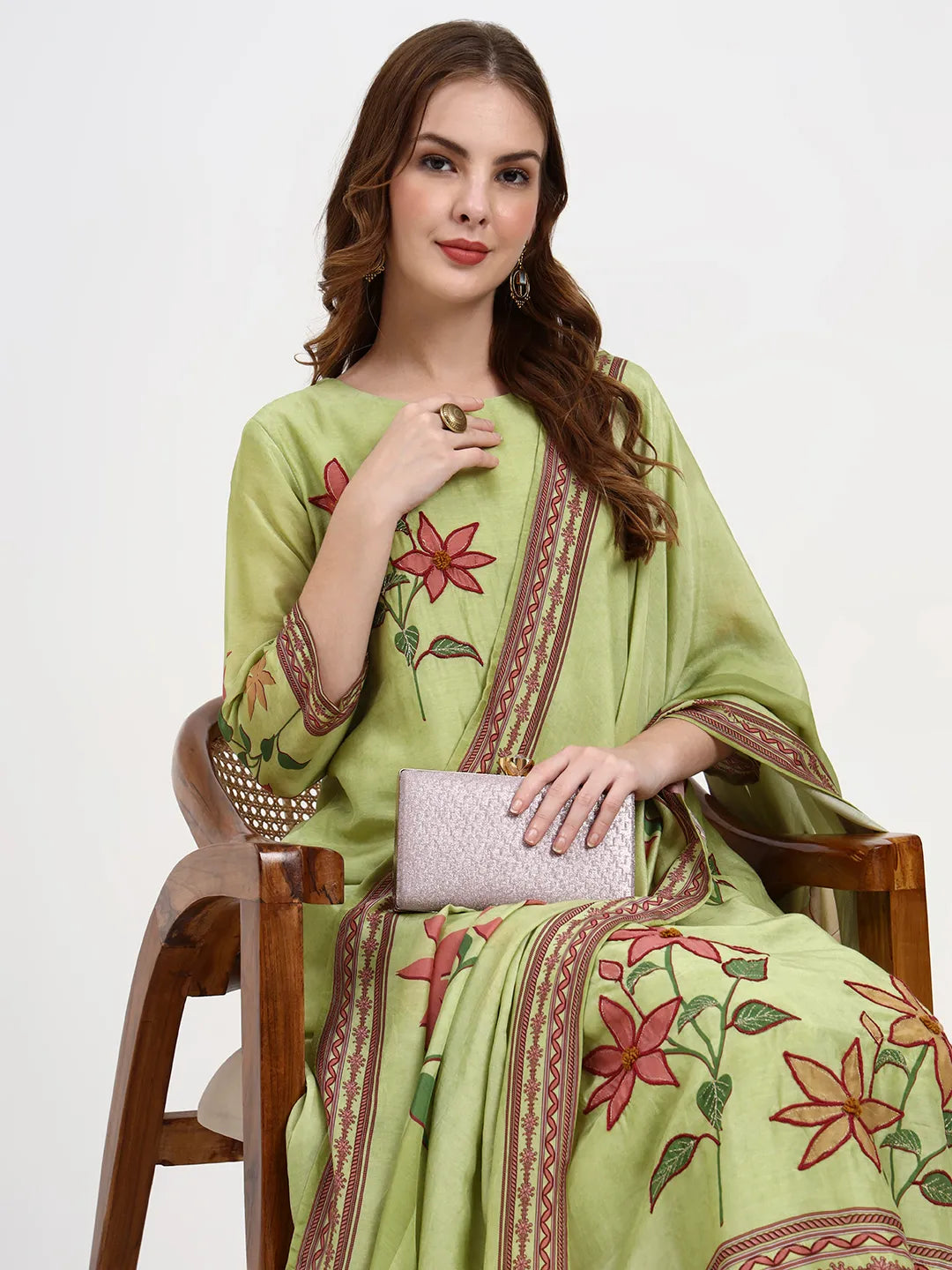 Mul Chanderi Green Kurta Dupatta Pant Set