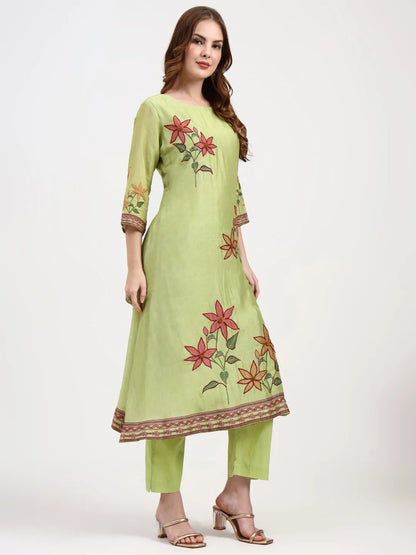 Mul Chanderi Green Kurta Dupatta Pant Set