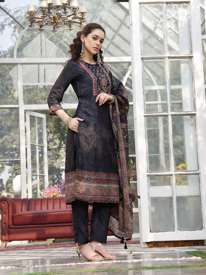 Pure Russian Silk Black Kurta Dupatta Pant Set