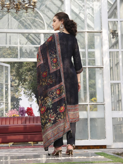 Pure Russian Silk Black Kurta Dupatta Pant Set