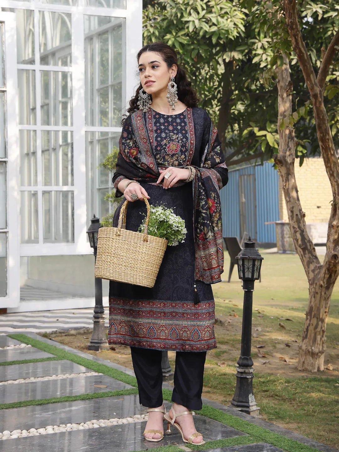 Pure Russian Silk Black Kurta Dupatta Pant Set