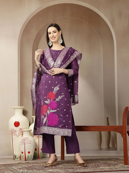 Purple Chanderi Silk Floral Straight Kurta Trouser Dupatta Set