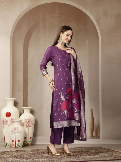 Purple Chanderi Silk Floral Straight Kurta Trouser Dupatta Set