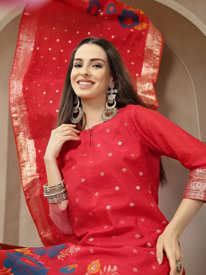 Red Chanderi Silk Floral Golden Print Straight Kurta Trouser Dupatta Set