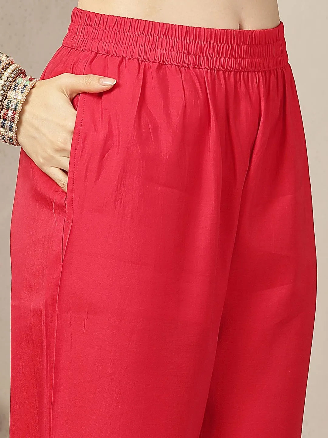 Red Chanderi Silk Floral Golden Print Straight Kurta Trouser Dupatta Set