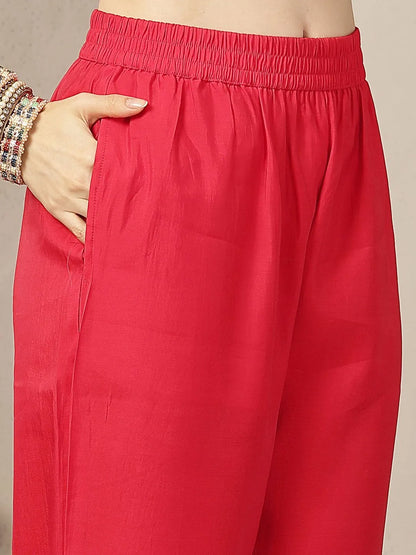 Red Chanderi Silk Floral Golden Print Straight Kurta Trouser Dupatta Set