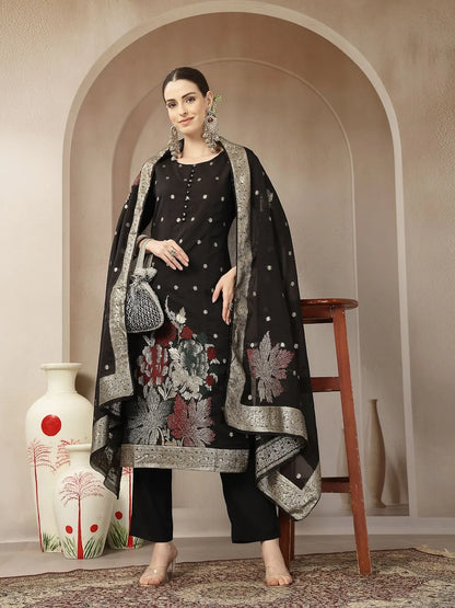 Black Chanderi Silk Floral Straight Kurta Trouser Dupatta Set
