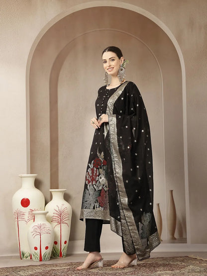 Black Chanderi Silk Floral Straight Kurta Trouser Dupatta Set