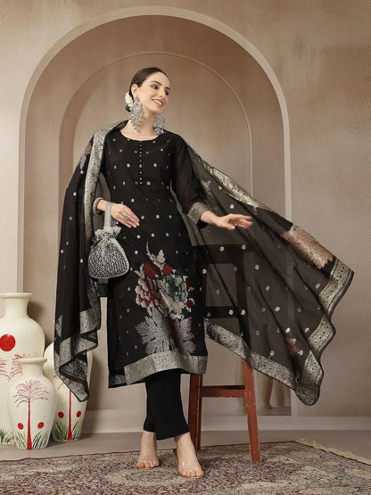 Black Chanderi Silk Floral Straight Kurta Trouser Dupatta Set