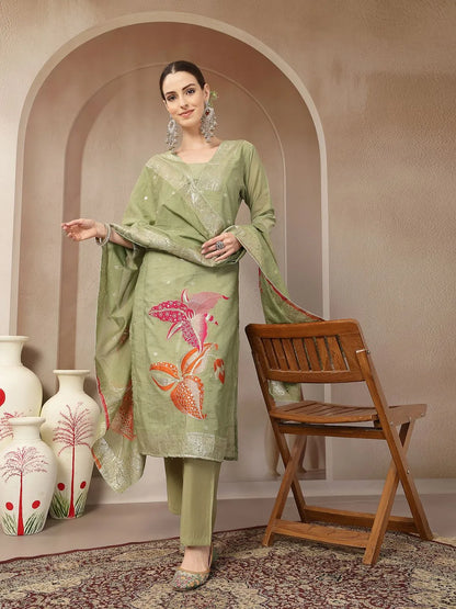 Green Chanderi Silk Floral Straight Kurta Trouser Dupatta Set