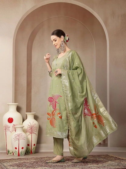 Green Chanderi Silk Floral Straight Kurta Trouser Dupatta Set