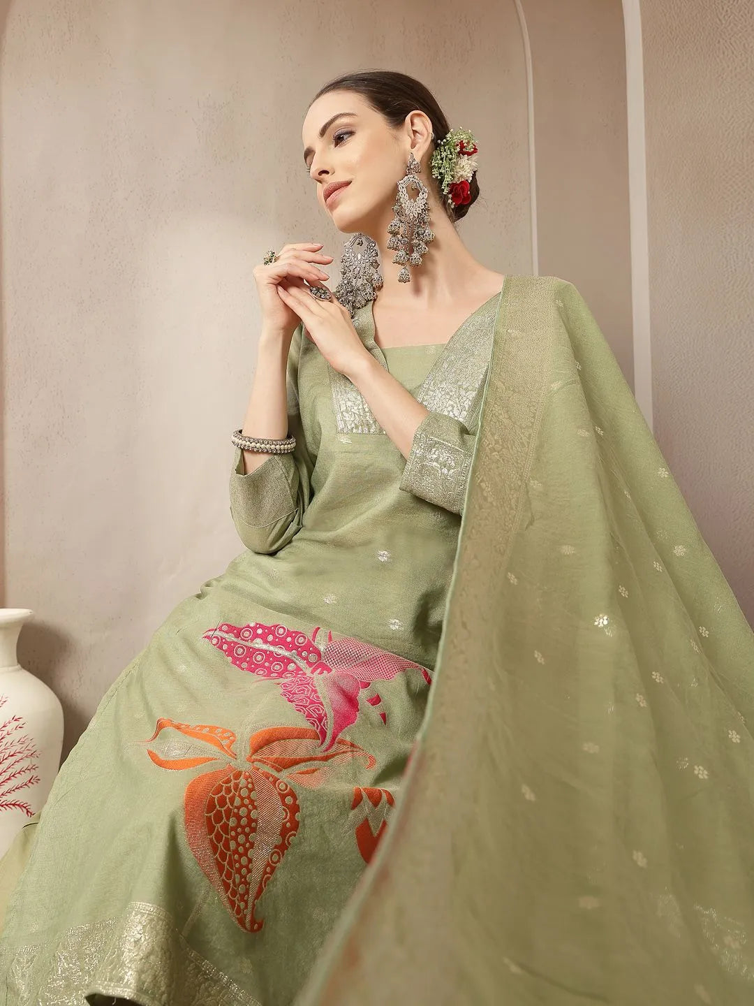Green Chanderi Silk Floral Straight Kurta Trouser Dupatta Set