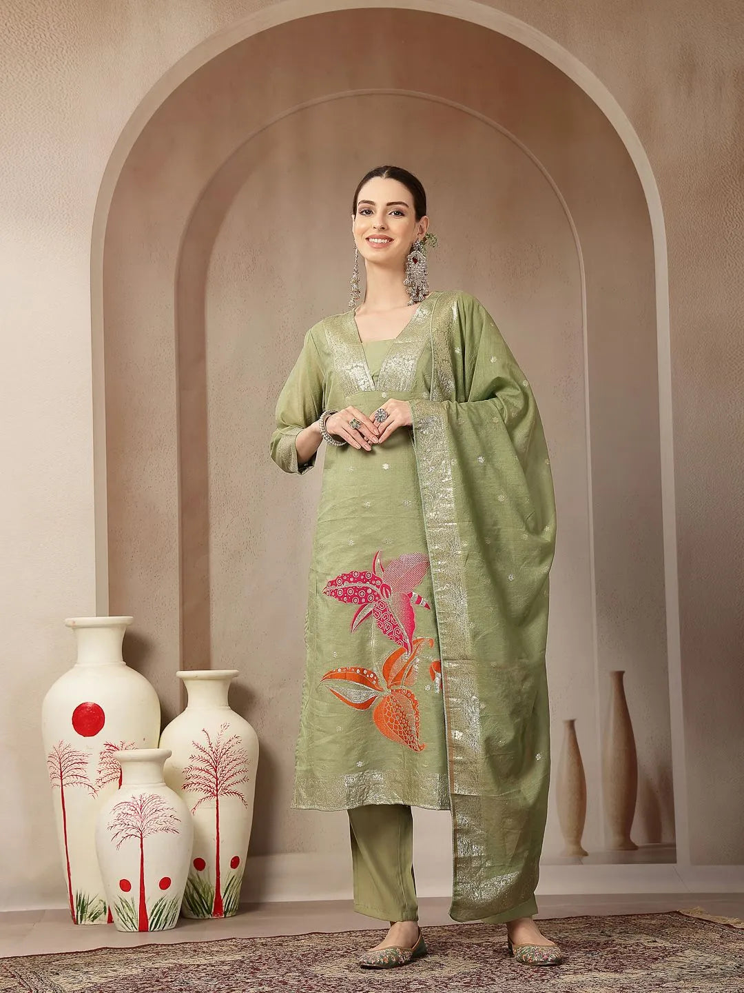 Green Chanderi Silk Floral Straight Kurta Trouser Dupatta Set