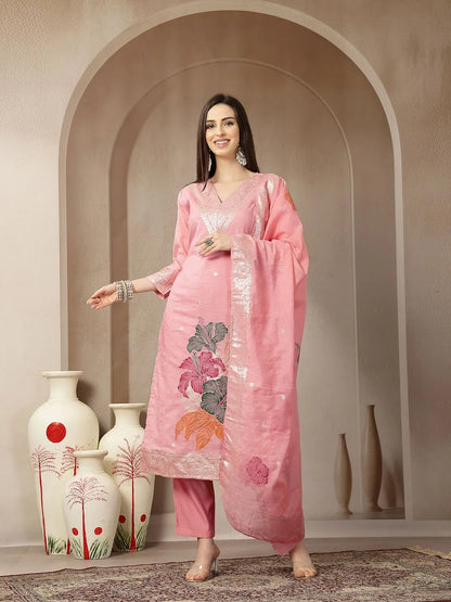 Peach Chanderi Silk Floral Straight Kurta Trouser Dupatta Set