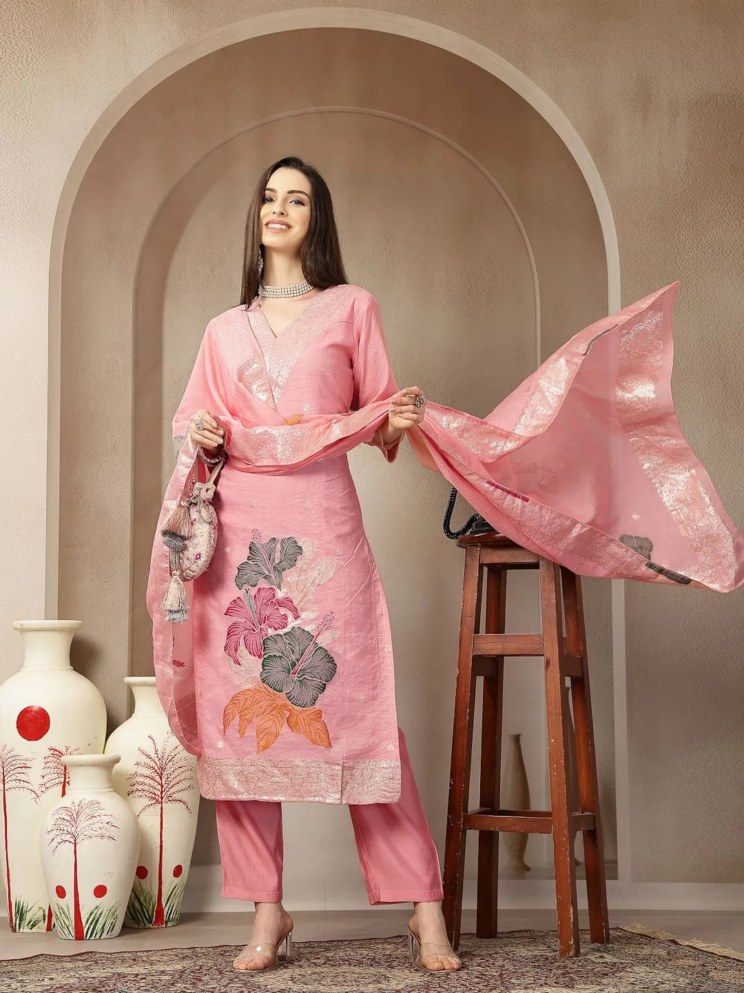 Peach Chanderi Silk Floral Straight Kurta Trouser Dupatta Set