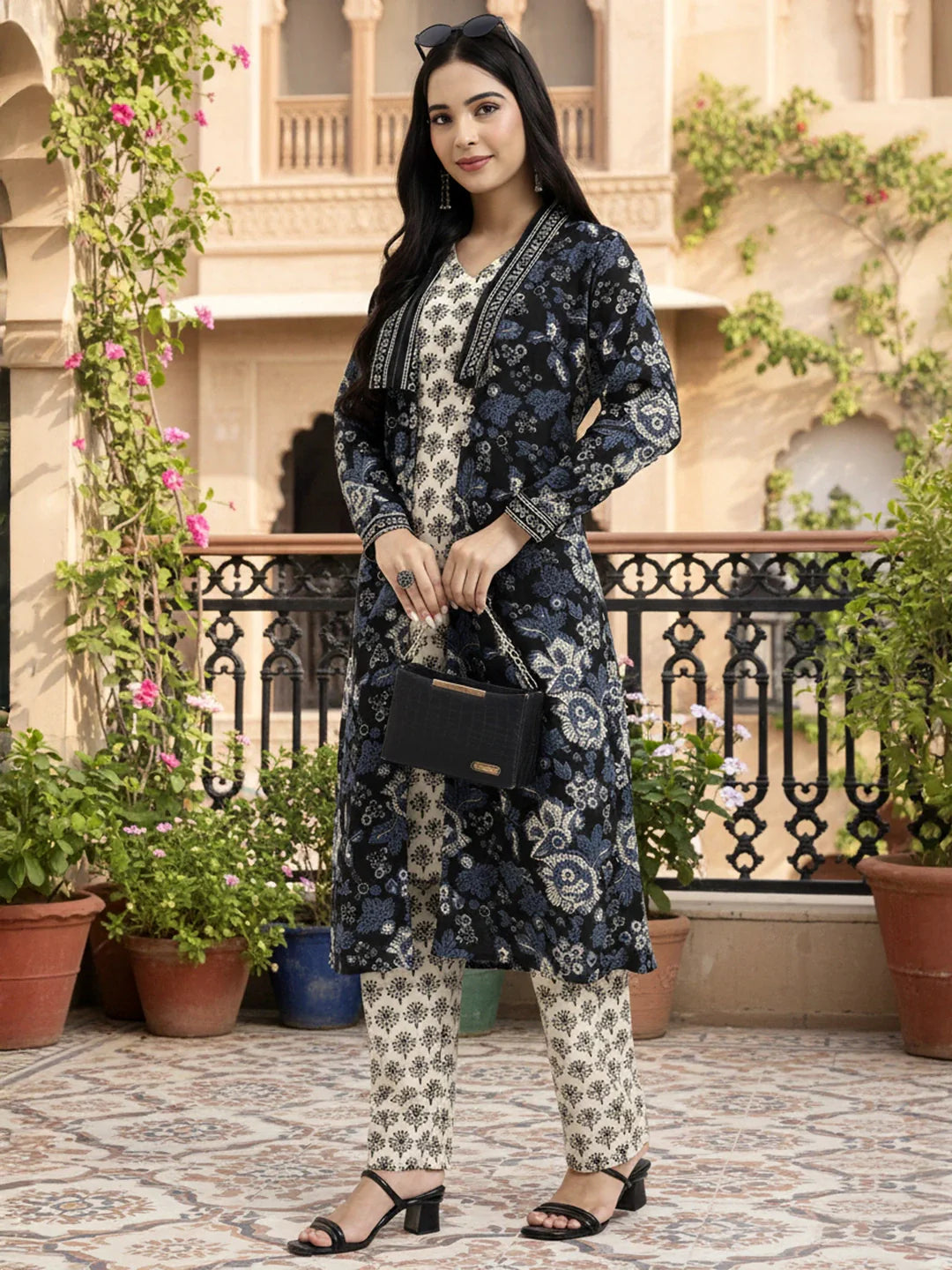 Cream Printed Pure Cotton Straight Including Jacket-Style Co-Ord Set