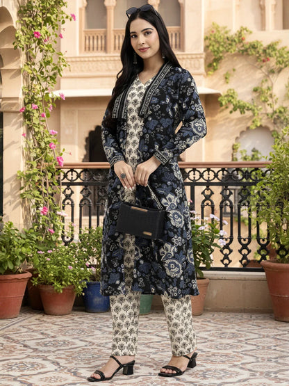 Cream Printed Pure Cotton Straight Including Jacket-Style Co-Ord Set