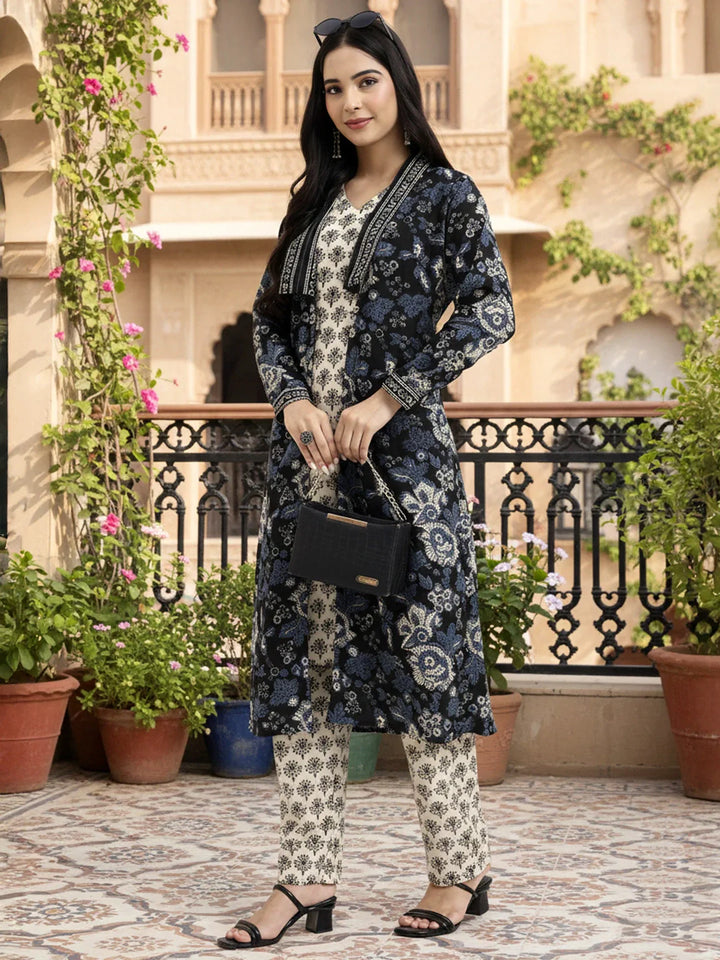 Cream Printed Pure Cotton Straight Including Jacket-Style Co-Ord Set