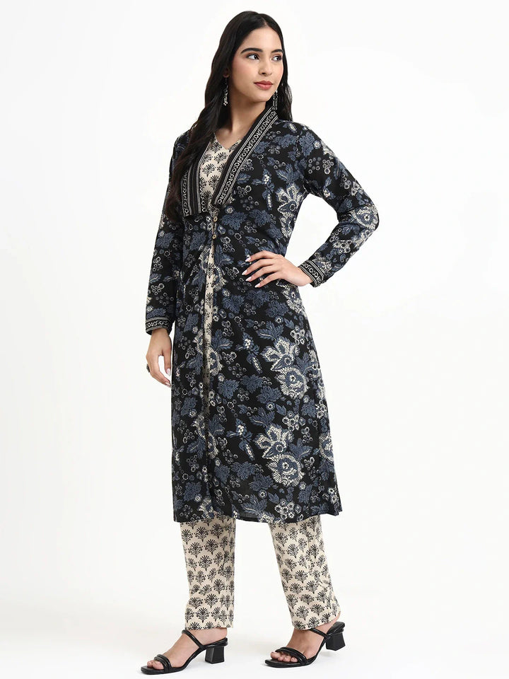 Cream Printed Pure Cotton Straight Including Jacket-Style Co-Ord Set
