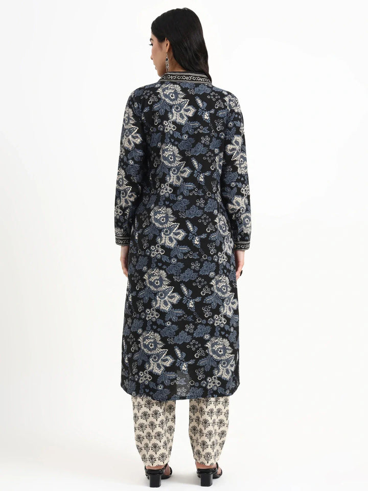 Cream Printed Pure Cotton Straight Including Jacket-Style Co-Ord Set