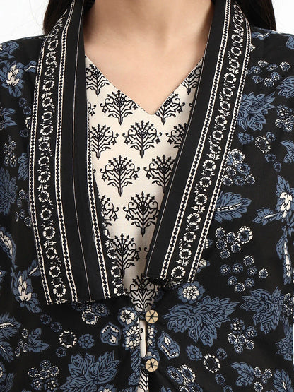 Cream Printed Pure Cotton Straight Including Jacket-Style Co-Ord Set