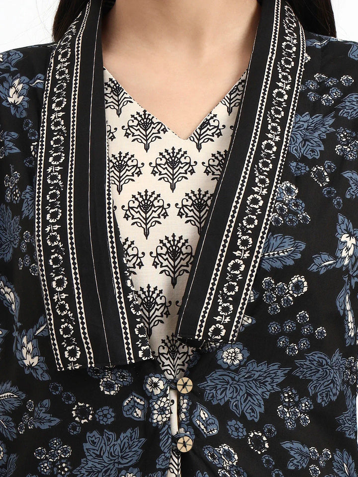 Cream Printed Pure Cotton Straight Including Jacket-Style Co-Ord Set