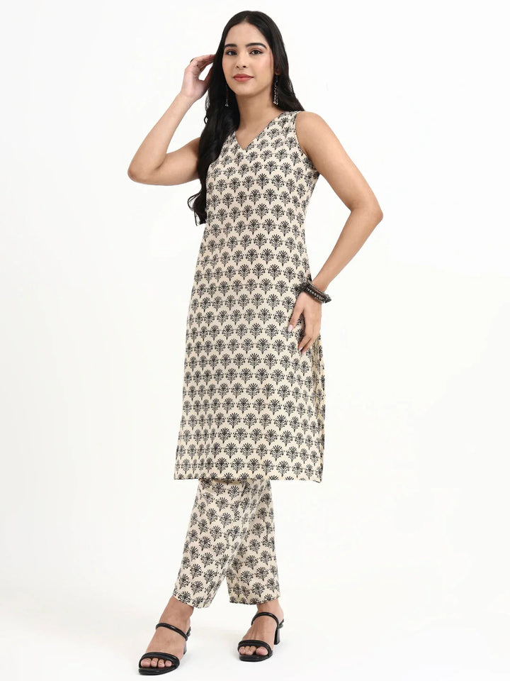 Cream Printed Pure Cotton Straight Including Jacket-Style Co-Ord Set