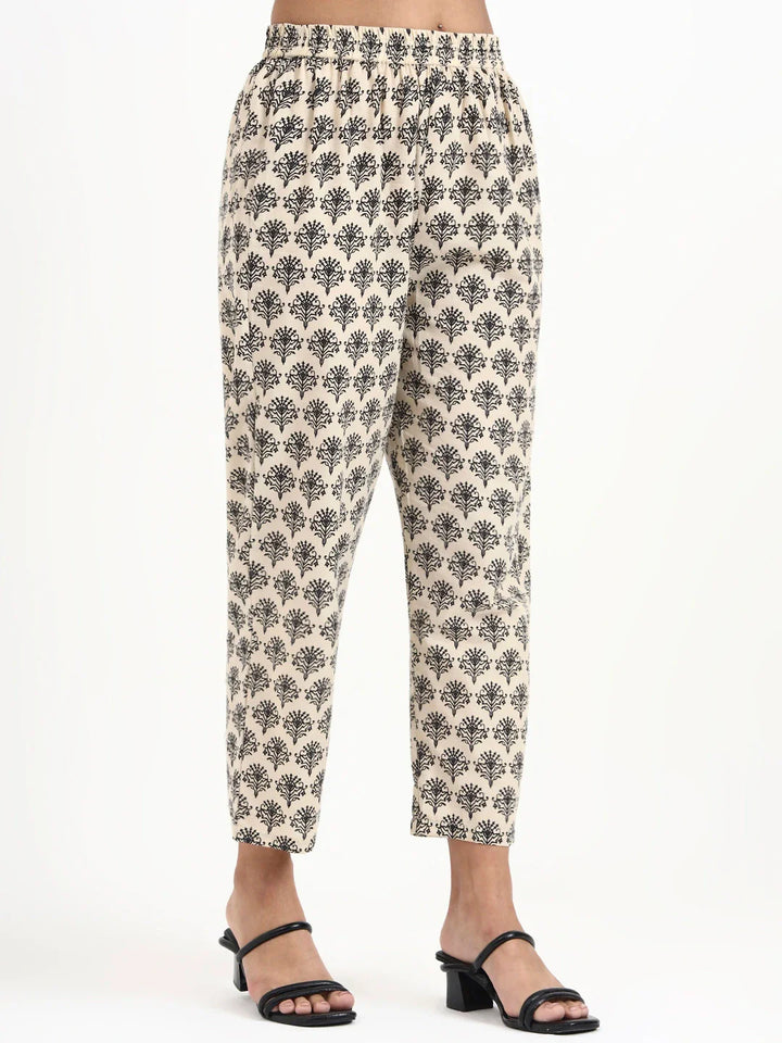 Cream Printed Pure Cotton Straight Including Jacket-Style Co-Ord Set