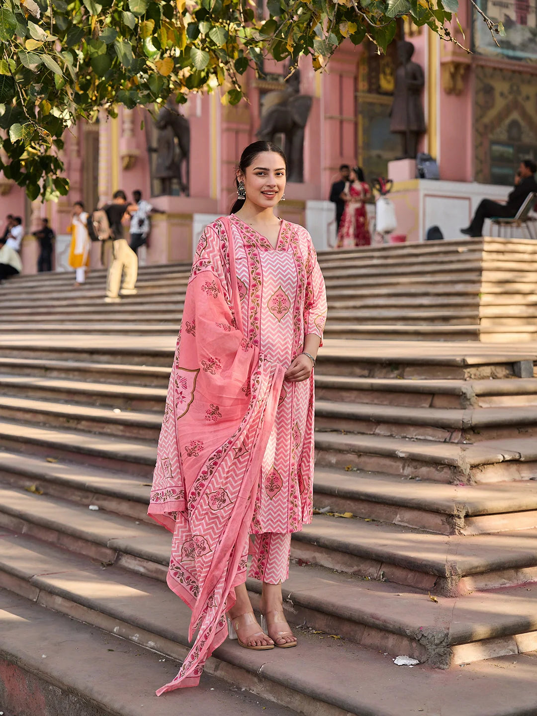Zig Zag Floral Print A-Line Design Kurta Trouser Dupatta Set
