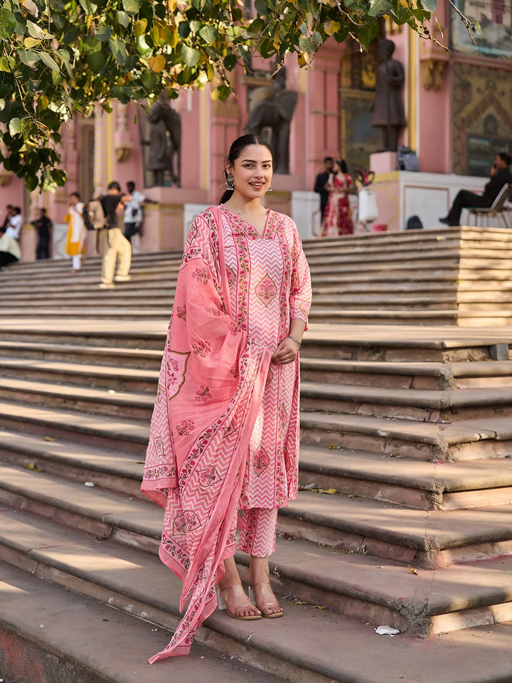 Zig Zag Floral Print A-Line Design Kurta Trouser Dupatta Set