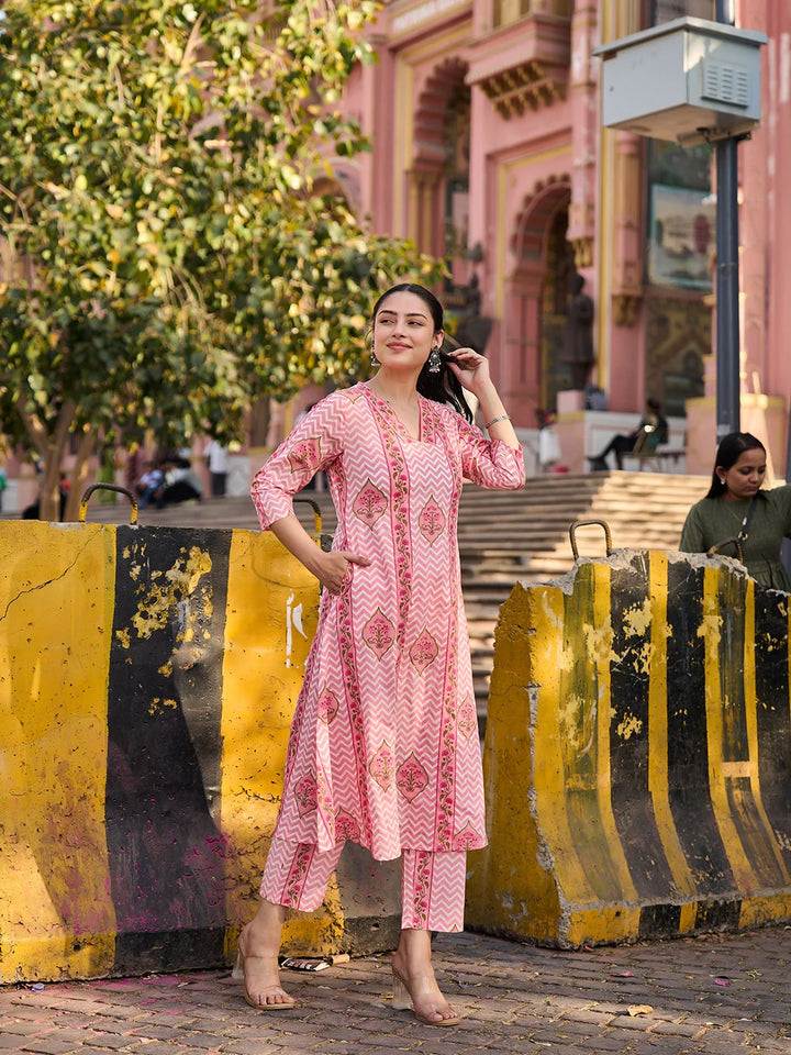 Zig Zag Floral Print A-Line Design Kurta Trouser Dupatta Set
